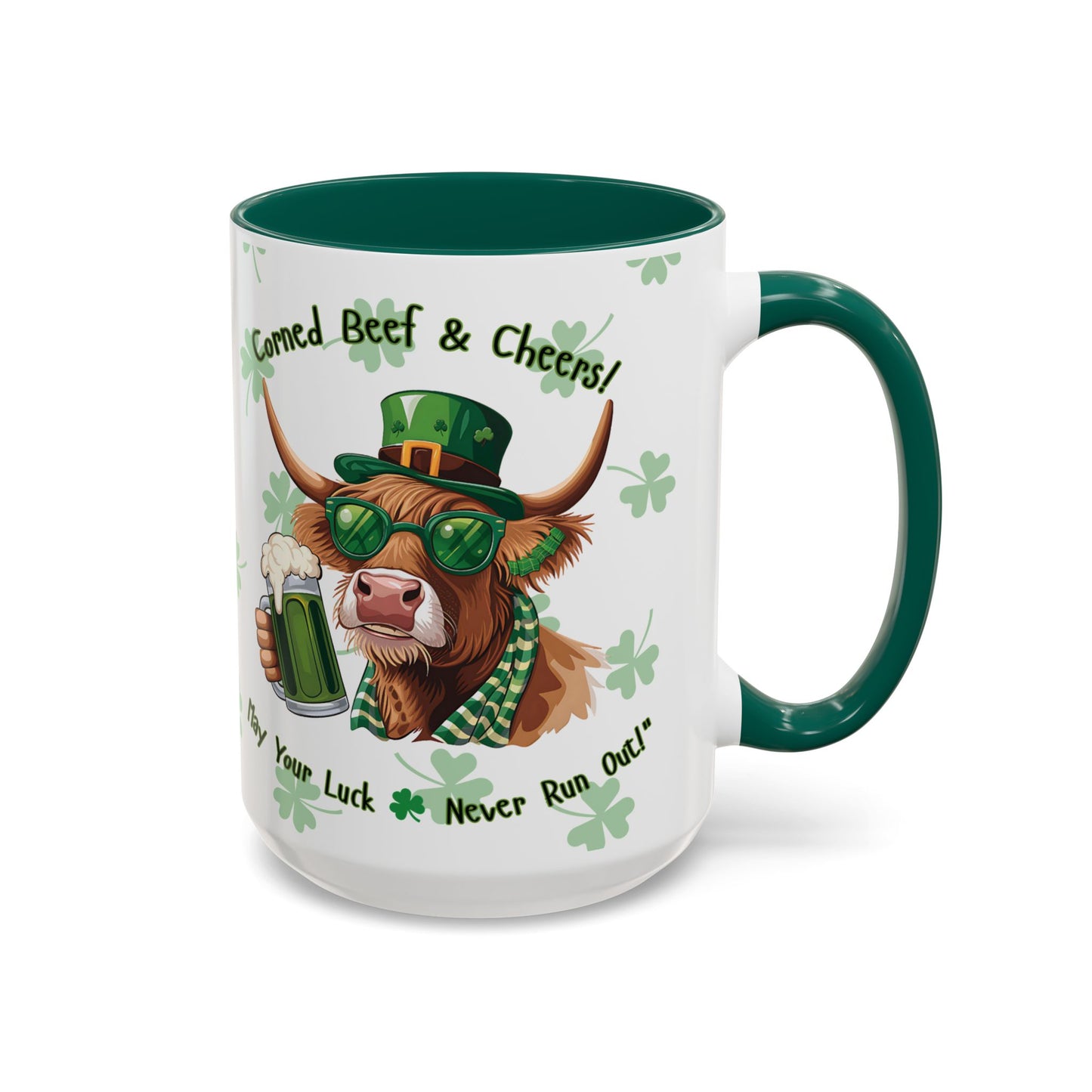St. Patrick's Day Highlander Cow Mug - Lucky Cheers Coffee Cup Corned Beef, May Your Luck Never Run Out