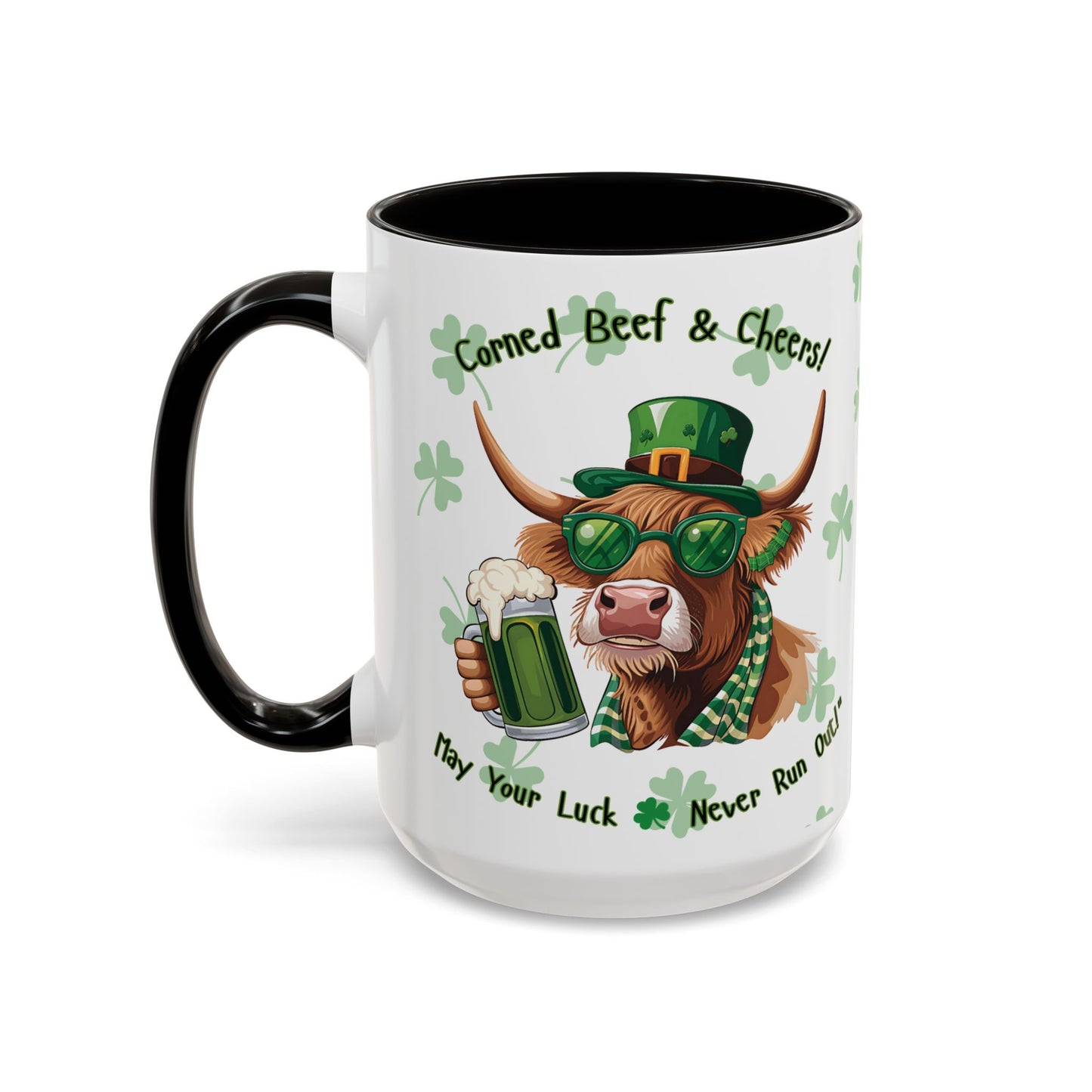 St. Patrick's Day Highlander Cow Mug - Lucky Cheers Coffee Cup Corned Beef, May Your Luck Never Run Out