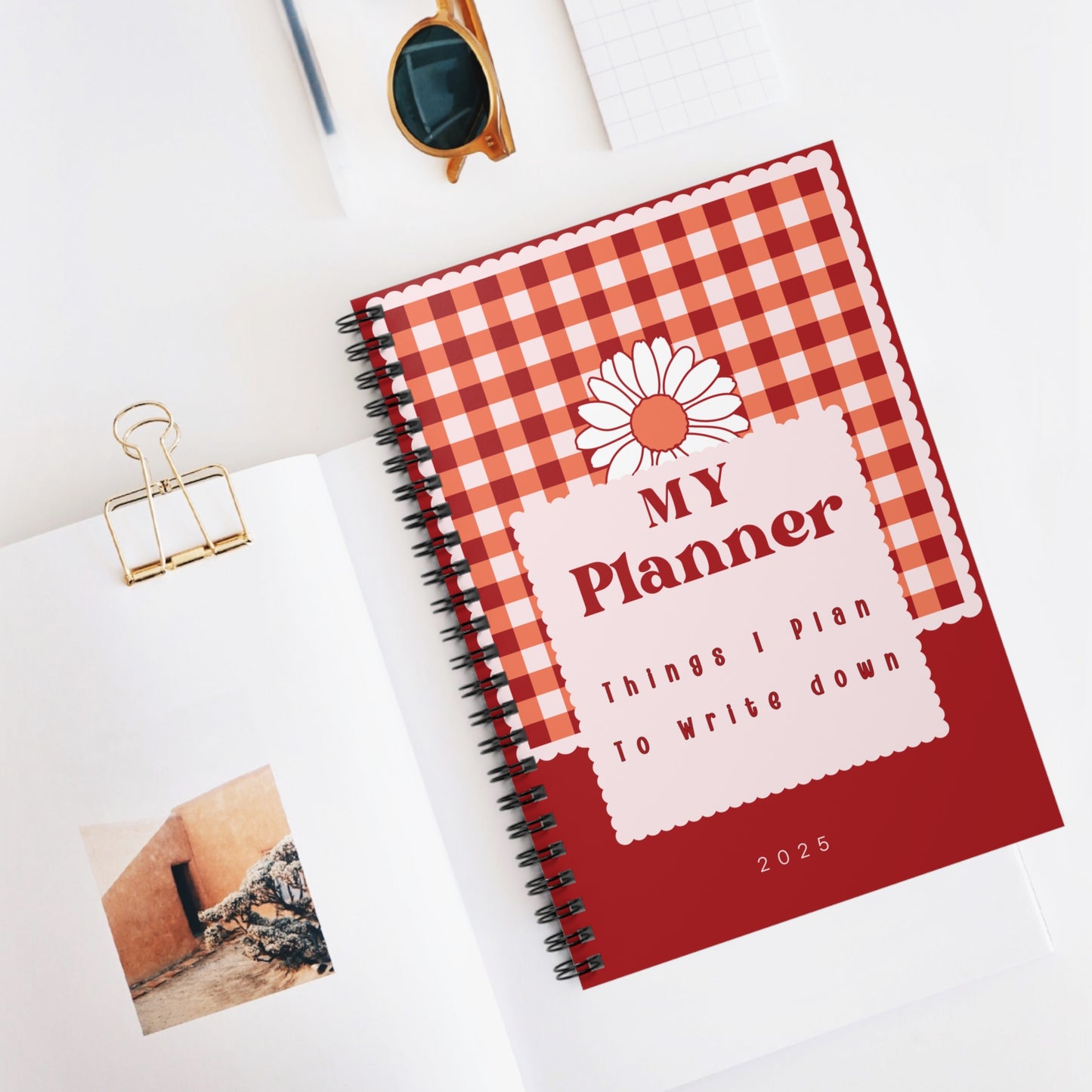 My Planner Spiral Notebook – Cute Red Gingham Daisy Cover, Lined Journal, Gift for Mom, Fun Writing Notebook, Organizer, Personalized