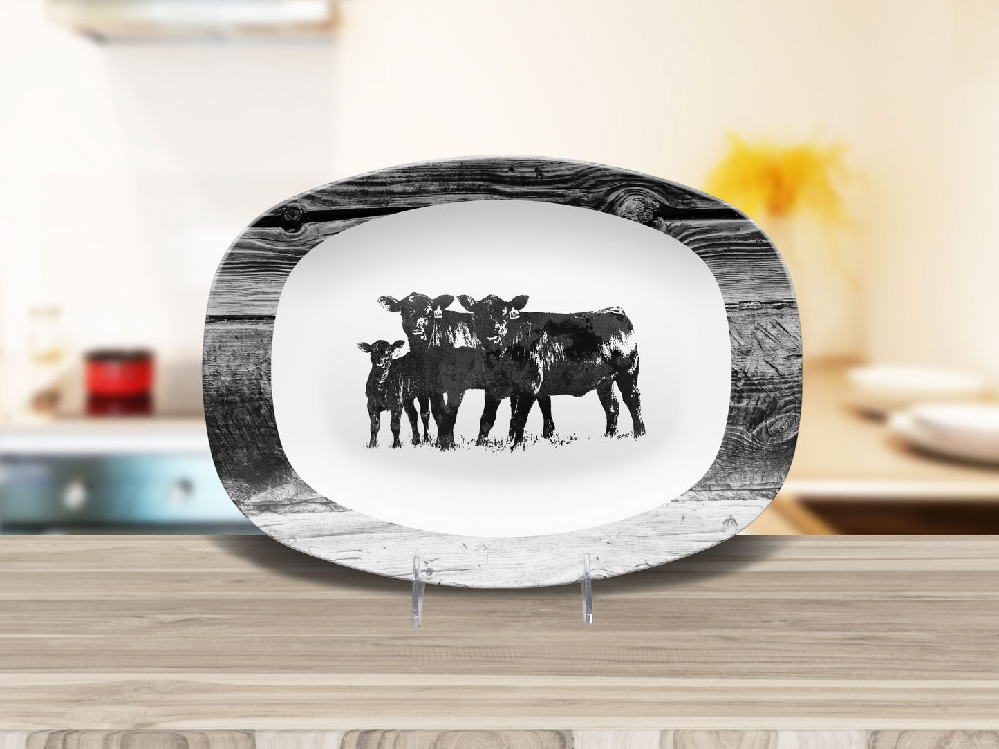 Black Angus Cow Platter, Farmhouse Serving Tray, Unbreakable,, Rustic Ranch Beef Deco, Ranch or Farm BBQ or entertaining