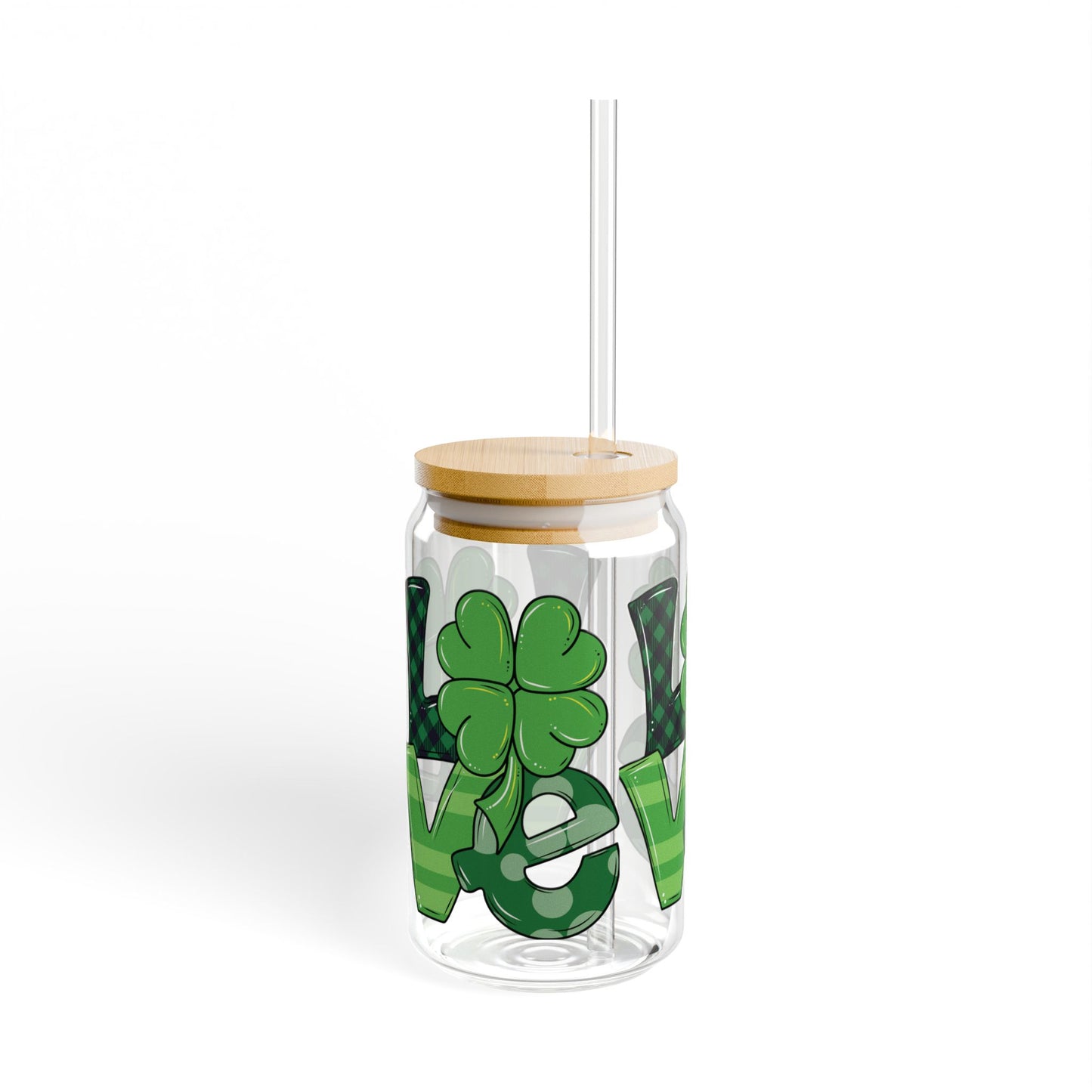 16oz St. Patrick's Day Sipper Glass with Clover Design "LOVE"