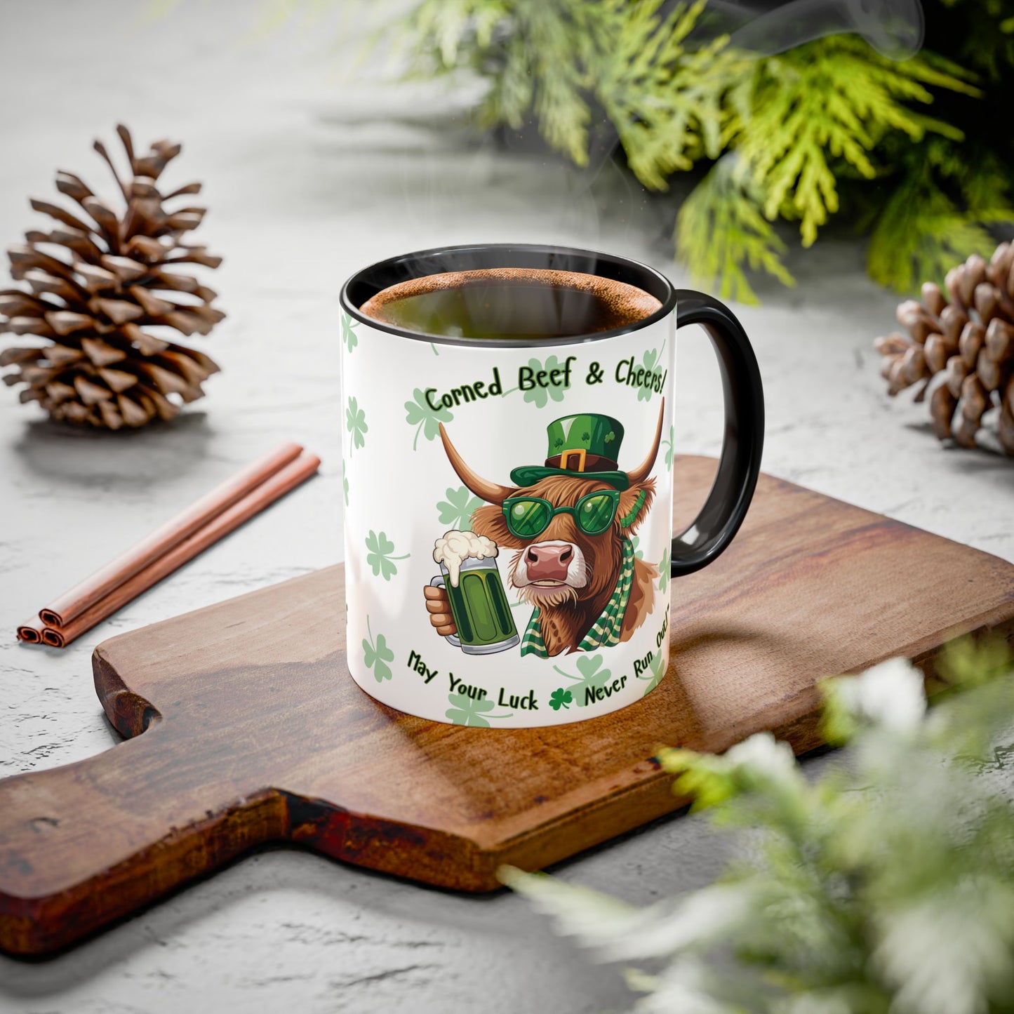 St. Patrick's Day Highlander Cow Mug - Lucky Cheers Coffee Cup Corned Beef, May Your Luck Never Run Out