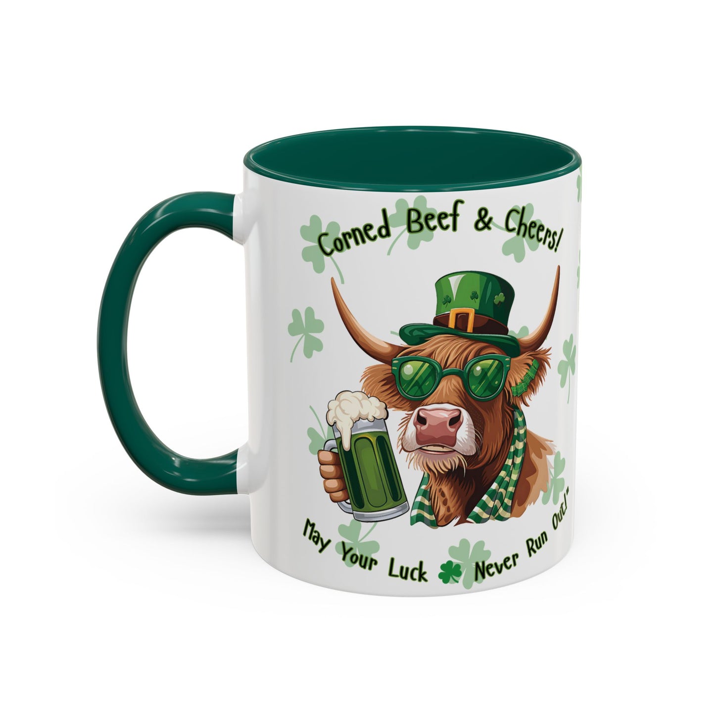 St. Patrick's Day Highlander Cow Mug - Lucky Cheers Coffee Cup Corned Beef, May Your Luck Never Run Out