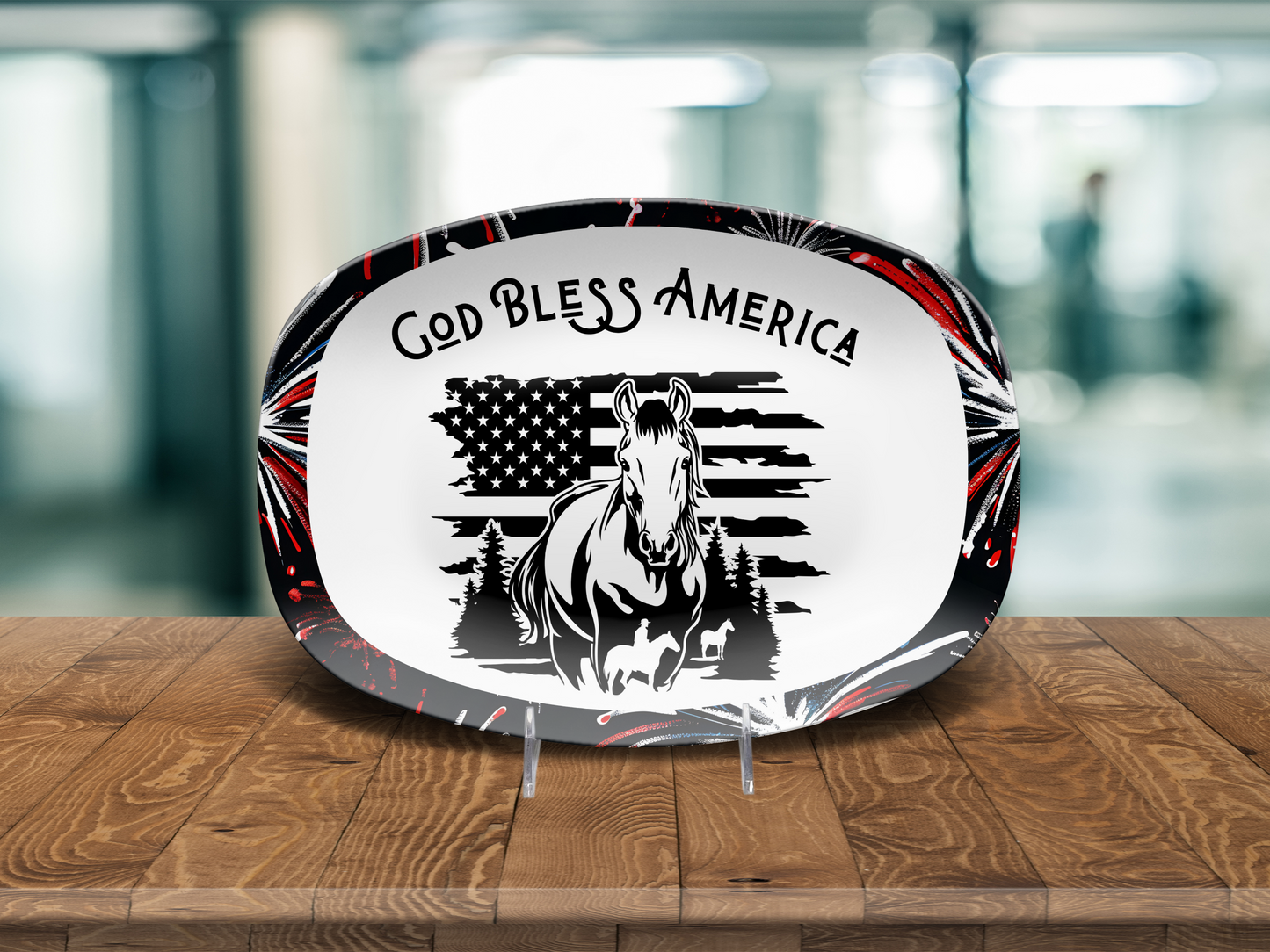 God Bless America Horse Platter, Unbreakable Patriotic Serving Tray Dinnerware, 4th of July Celebration, Ranch Cookouts, Farmhouse Platter