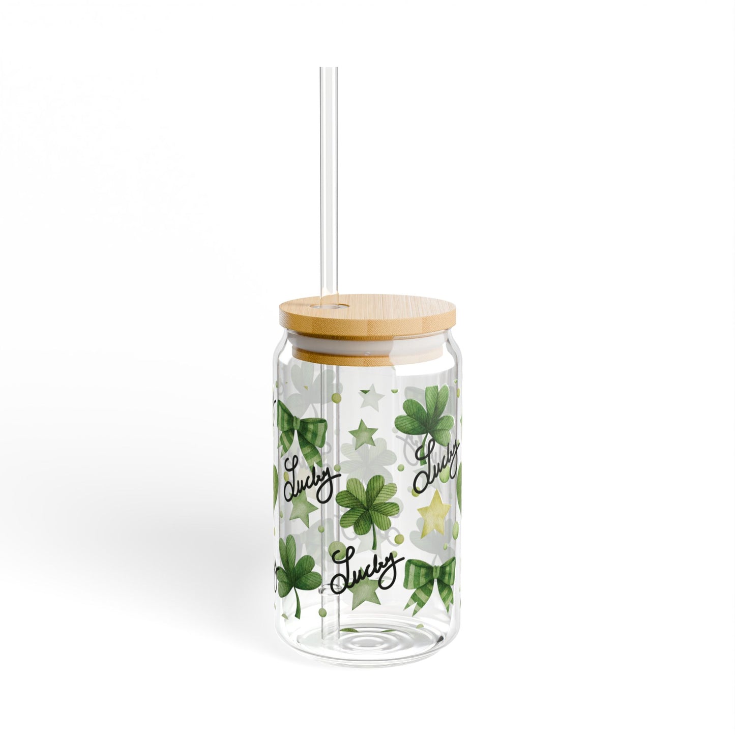 Lucky Shamrock Sipper Glass, 16oz - St. Patrick's Day Gift, Green Bows, Hearts, Irish Coffee Mug, Clover Pattern, Celebrate the Day