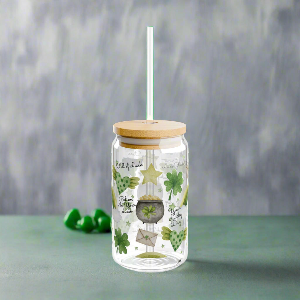 St. Patrick's Day Lucky Sipper Glass Your Lucky Day, Watercolor Hearts, stars shamrocks