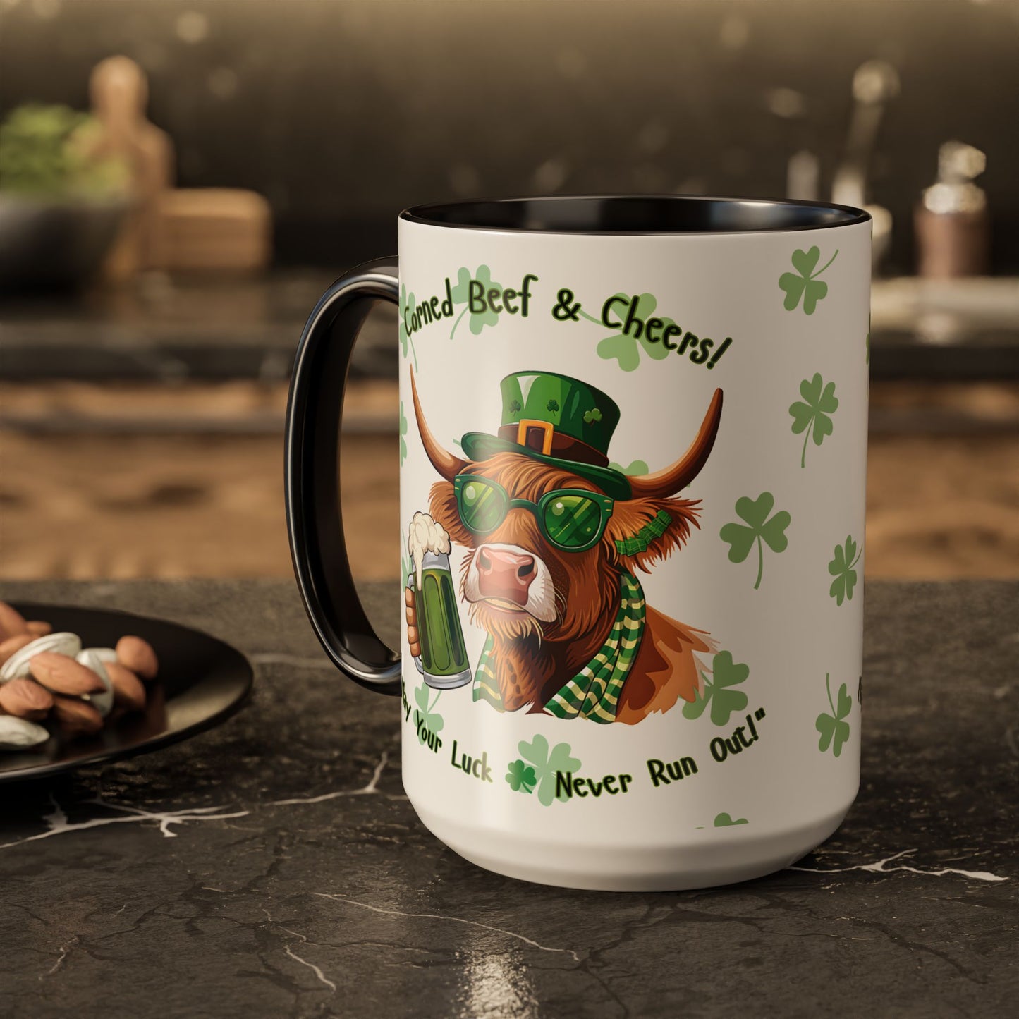 St. Patrick's Day Highlander Cow Mug - Lucky Cheers Coffee Cup Corned Beef, May Your Luck Never Run Out