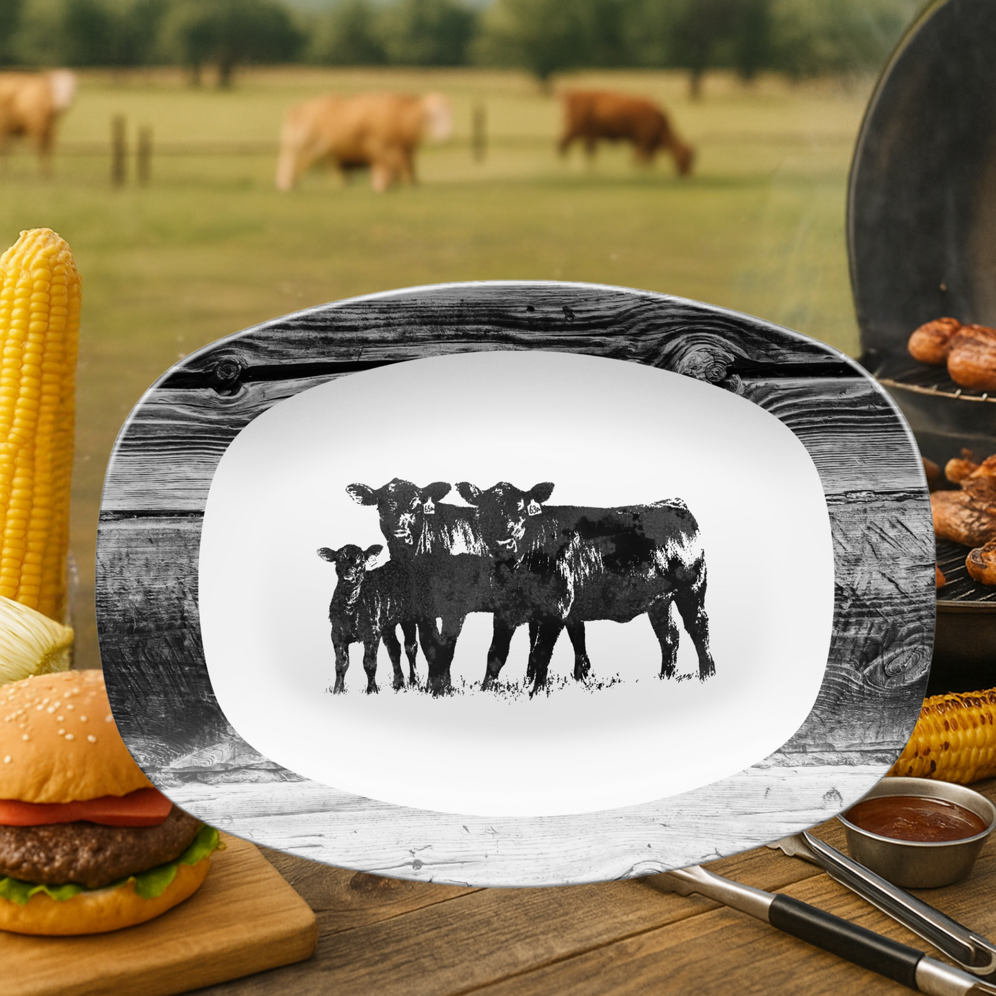 Black Angus Cow Platter, Farmhouse Serving Tray, Unbreakable,, Rustic Ranch Beef Deco, Ranch or Farm BBQ or entertaining