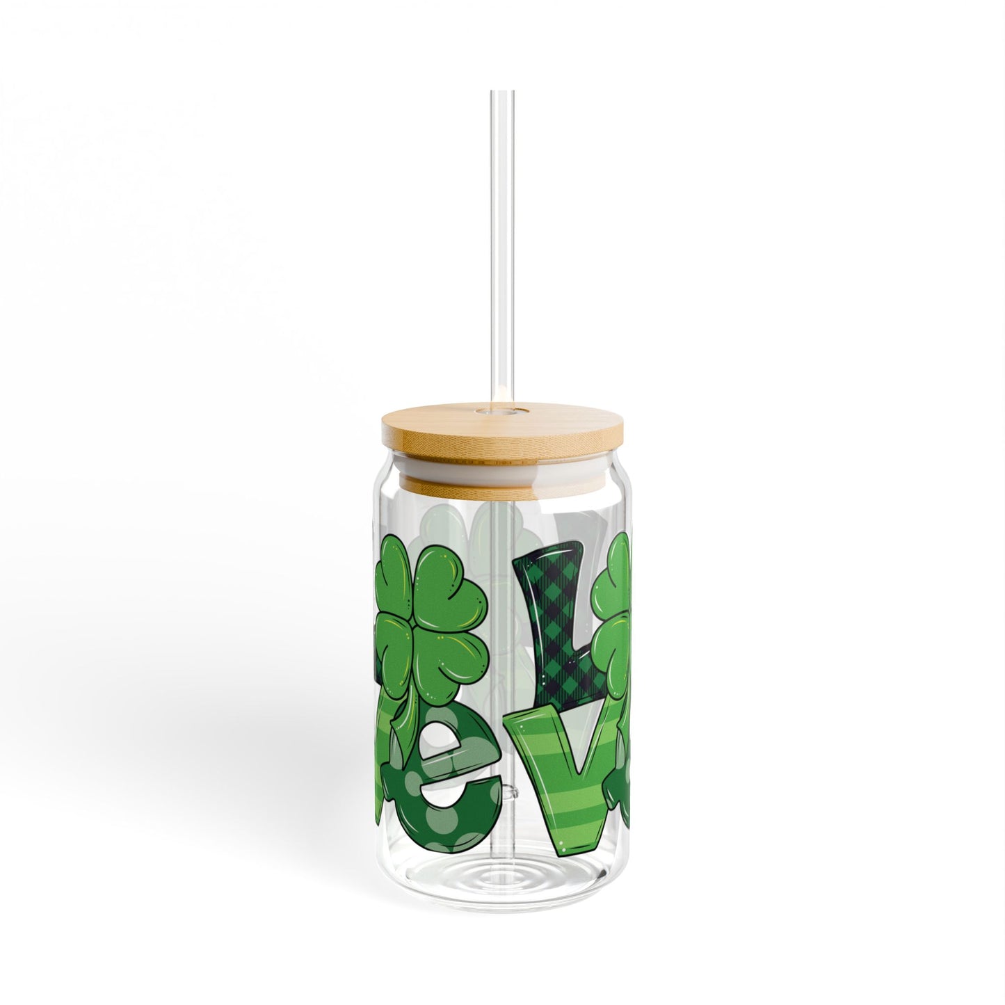 16oz St. Patrick's Day Sipper Glass with Clover Design "LOVE"