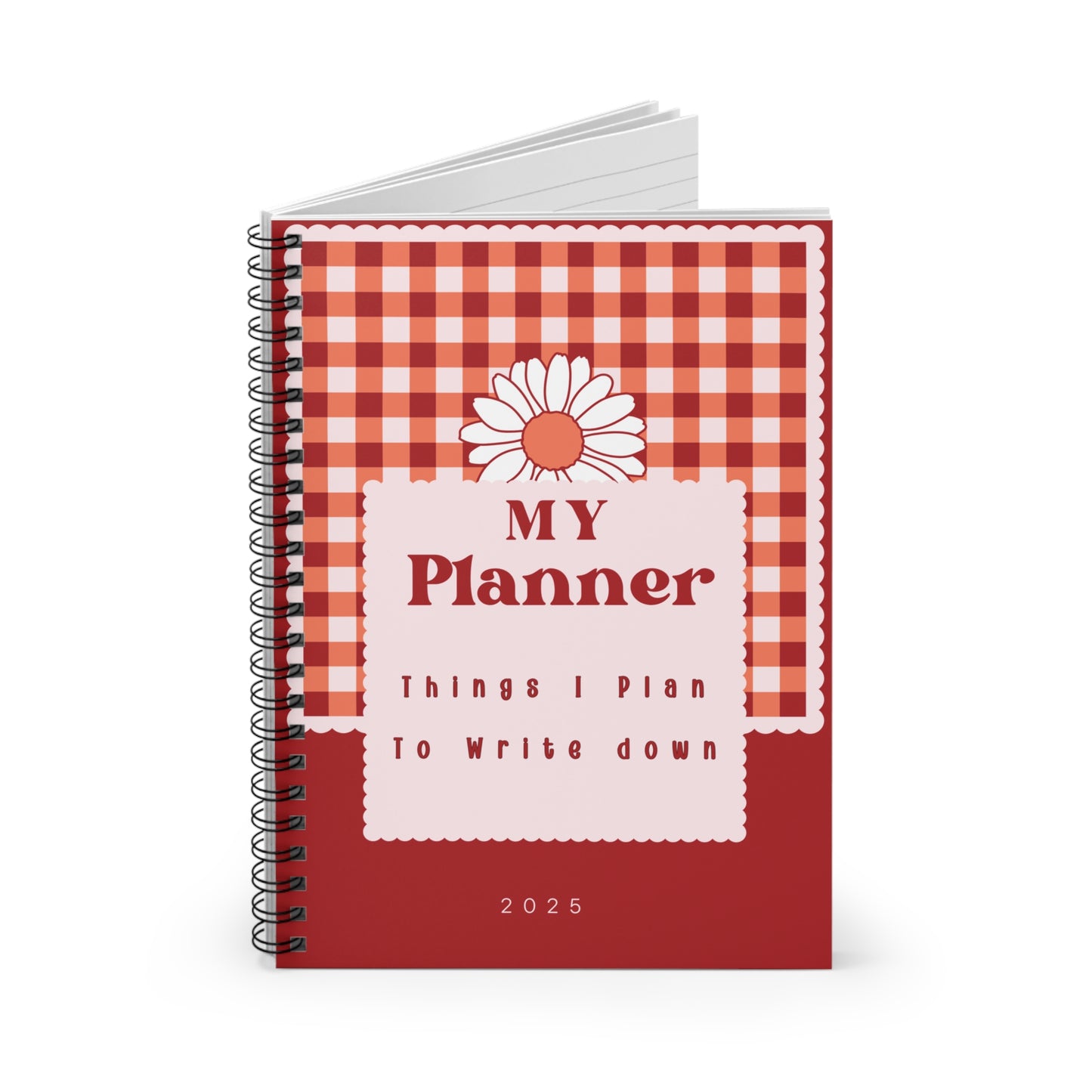 My Planner Spiral Notebook – Cute Red Gingham Daisy Cover, Lined Journal, Gift for Mom, Fun Writing Notebook, Organizer, Personalized