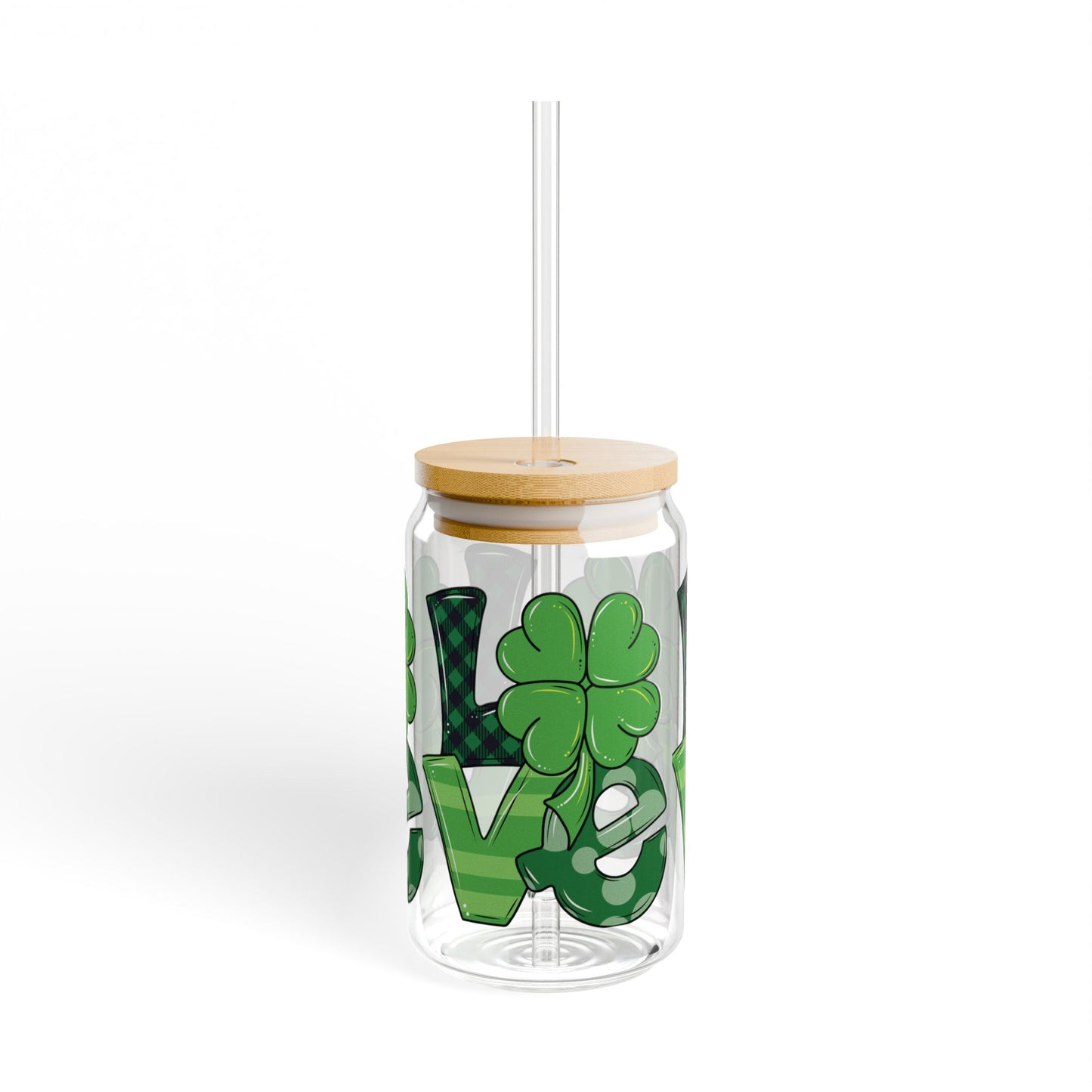 16oz St. Patrick's Day Sipper Glass with Clover Design "LOVE"