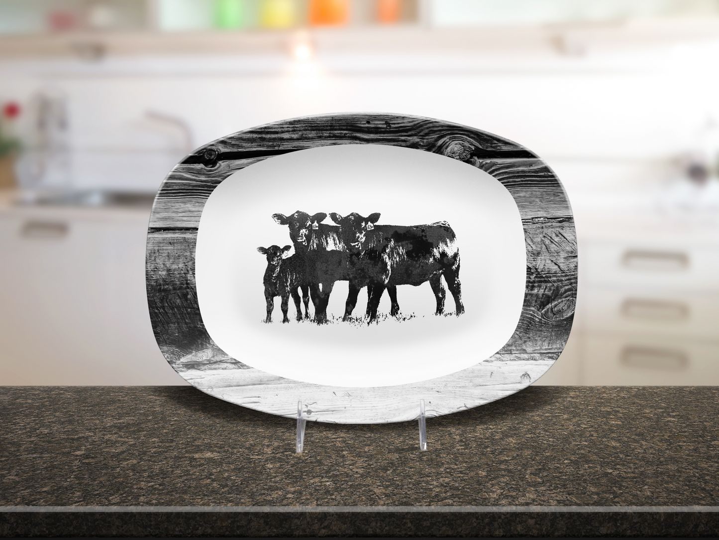 Black Angus Cow Platter, Farmhouse Serving Tray, Unbreakable,, Rustic Ranch Beef Deco, Ranch or Farm BBQ or entertaining