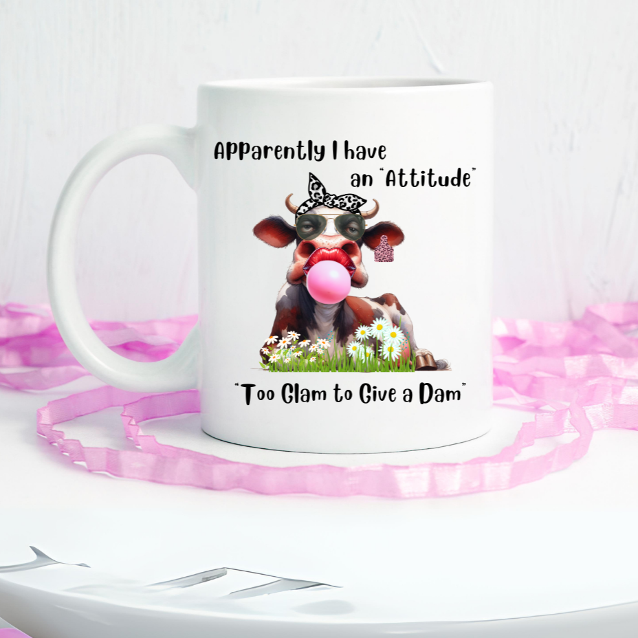 I have an Attitude Cow Mug, Cow Lovers, This Cow is too Glam to Give a Dam, She wears a scarf and bubble gum, Great gift for friend