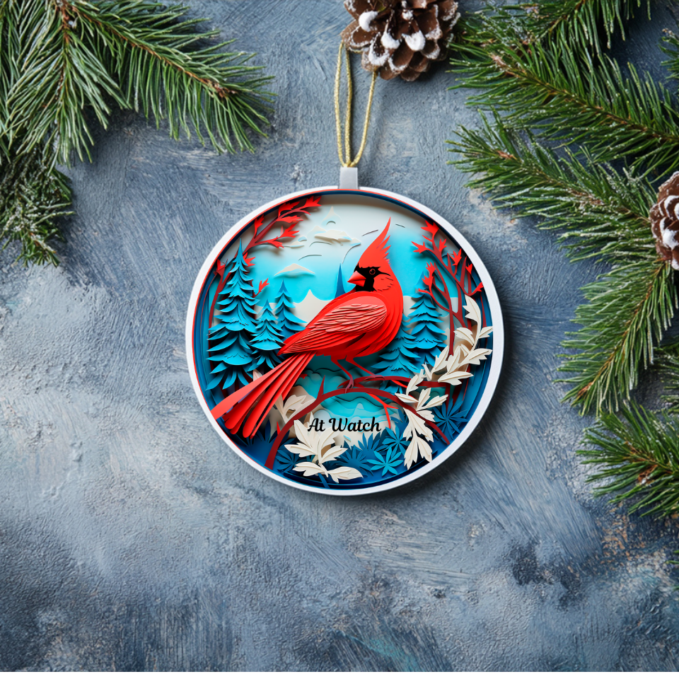 3D Red Cardinal Christmas Ornament, Deep Blue, Ivory and Red Colors, The Cardinal is a Guardian at watch, Loved ones watching