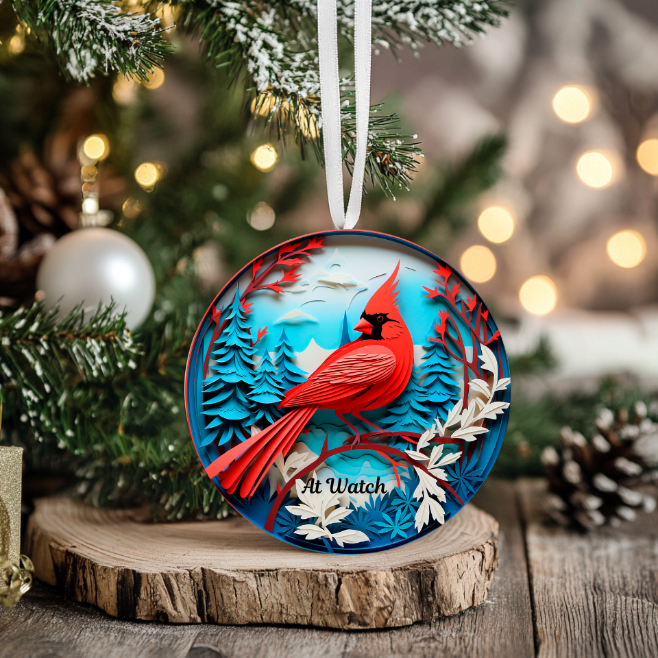 3D Red Cardinal Christmas Ornament, Deep Blue, Ivory and Red Colors, The Cardinal is a Guardian at watch, Loved ones watching