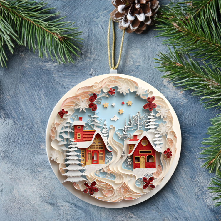 3D Christmas Ornament, 2 Beautiful Cottages by the ivory colored water and trees. Home to those who dream,  Family Keepsake