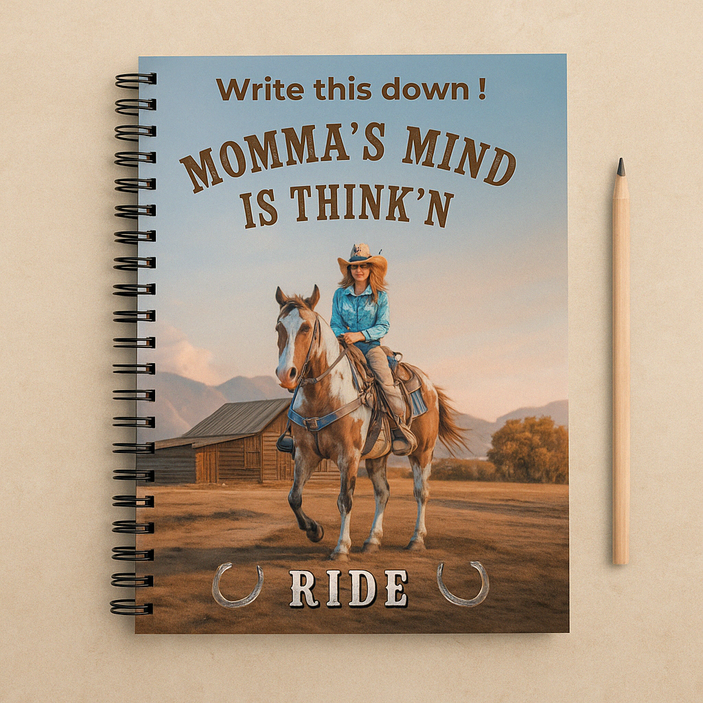 Personalized Western Cowgirl Notebook, Momma's Mind is Thinkn RIDE, spiral lined journal, Rustic horseback design