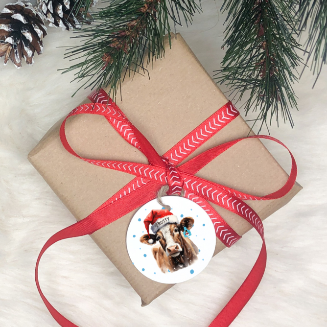 Personalized Christmas Cow Ornament with her matching, Frosty Ear Tag and Santa Hat, Gift for cow lovers, Country Christmas