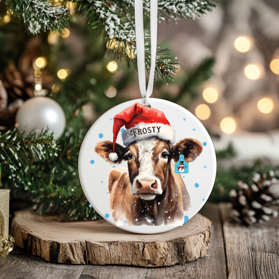 Personalized Christmas Cow Ornament with her matching, Frosty Ear Tag and Santa Hat, Gift for cow lovers, Country Christmas