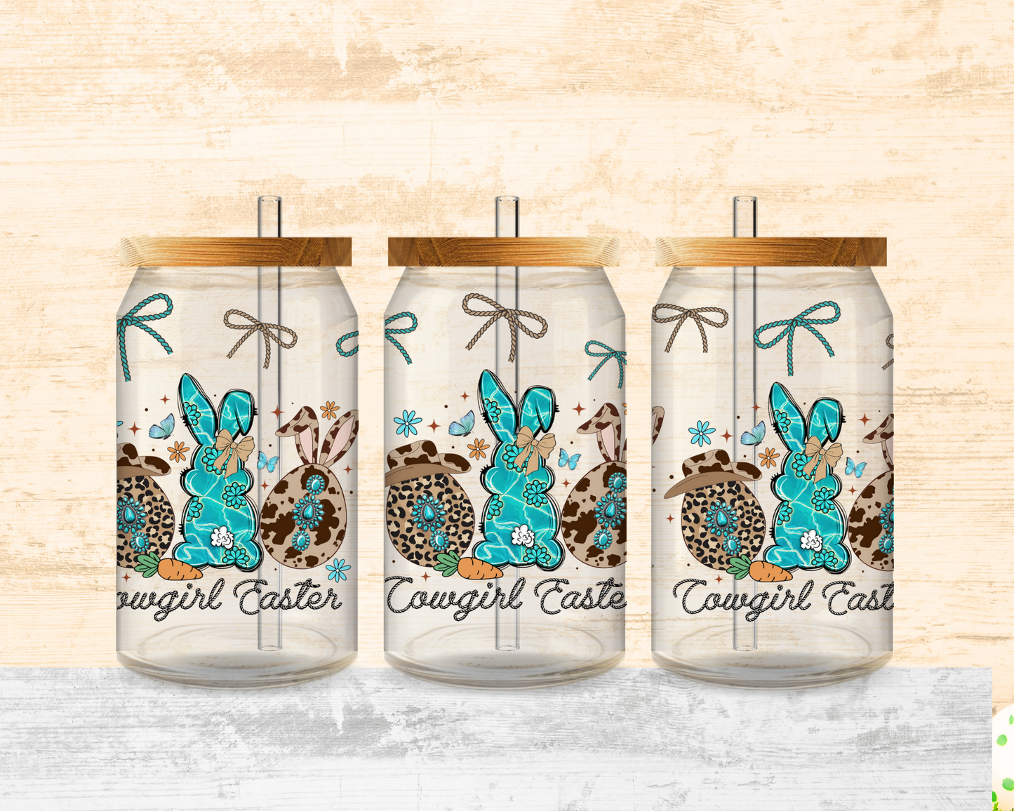 Cowgirl Easter 16 oz Glass Can with Straw – Turquoise Bunny, Rope Bows, Cow Print Eggs & Western Charm