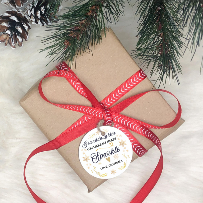 Granddaughter Christmas Ornament, From Grandma, You make my heart sparkle, Elegant script with delicate snowflakes and sparkles. Brings warmth and joy. Family Keepsake