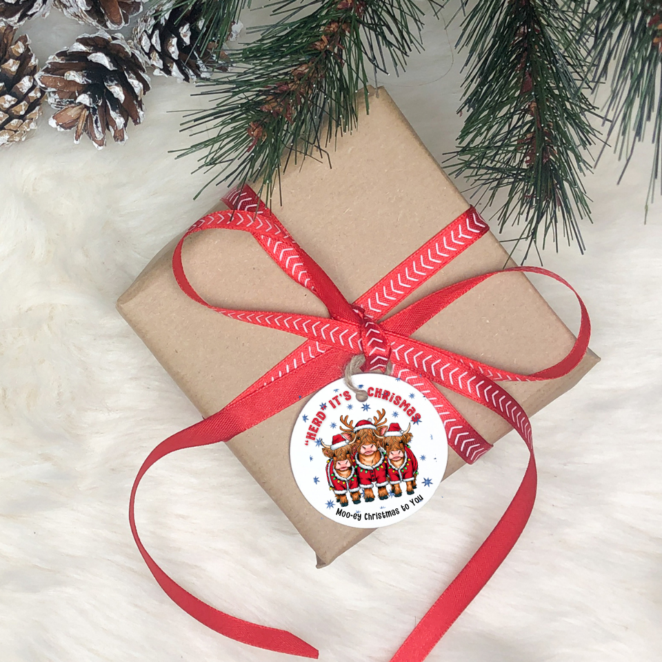 Highland mini cow Christmas Ornament, "Herd it was Christmas, Festive Holiday Decor, Highlander Cow lovers, Christmas with your family herd,