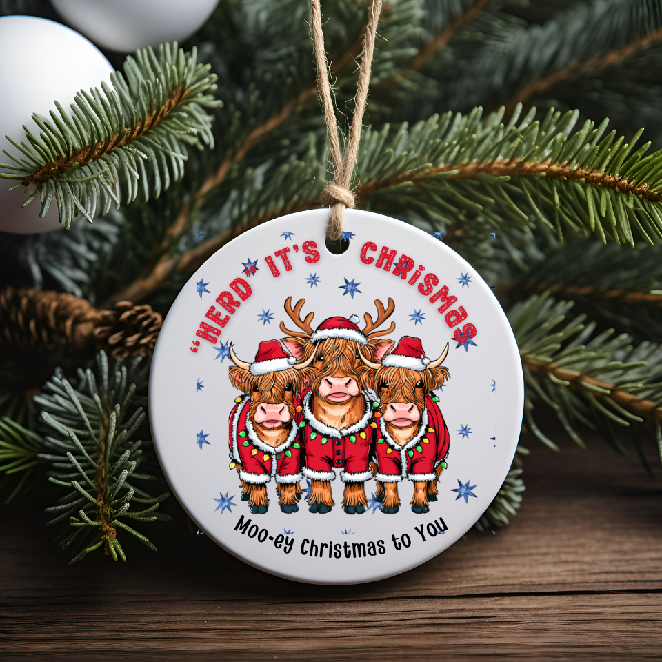 Highland mini cow Christmas Ornament, "Herd it was Christmas, Festive Holiday Decor, Highlander Cow lovers, Christmas with your family herd,