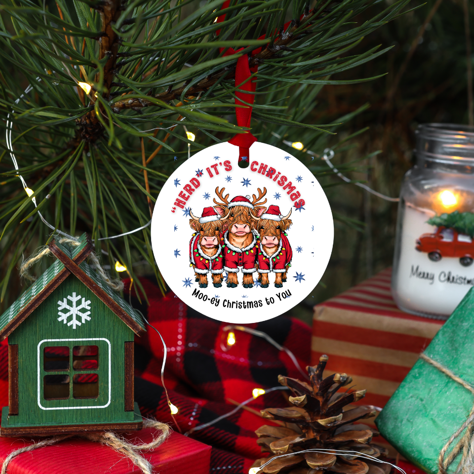 Highland mini cow Christmas Ornament, "Herd it was Christmas, Festive Holiday Decor, Highlander Cow lovers, Christmas with your family herd,