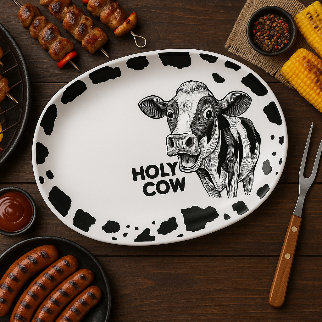 Funny "Holy Cow" BBQ Platter , Grill Tray, Ranch approved, Beef Lovers, Farmhouse Beef Grill Serving Platter