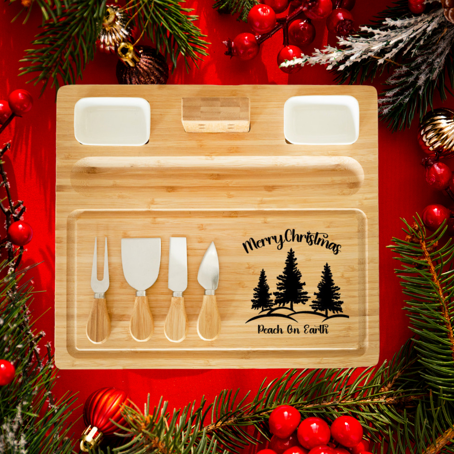 Merry Christmas Charcuterie Board, peace on Earth, Serving Tray, Cheese Board, Includes knives, Magnetic knife holder, 2 sauce trays