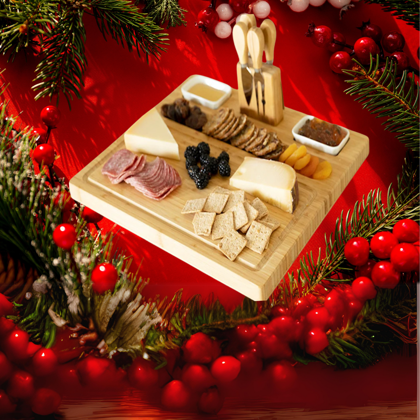Merry Christmas Charcuterie Board, peace on Earth, Serving Tray, Cheese Board, Includes knives, Magnetic knife holder, 2 sauce trays