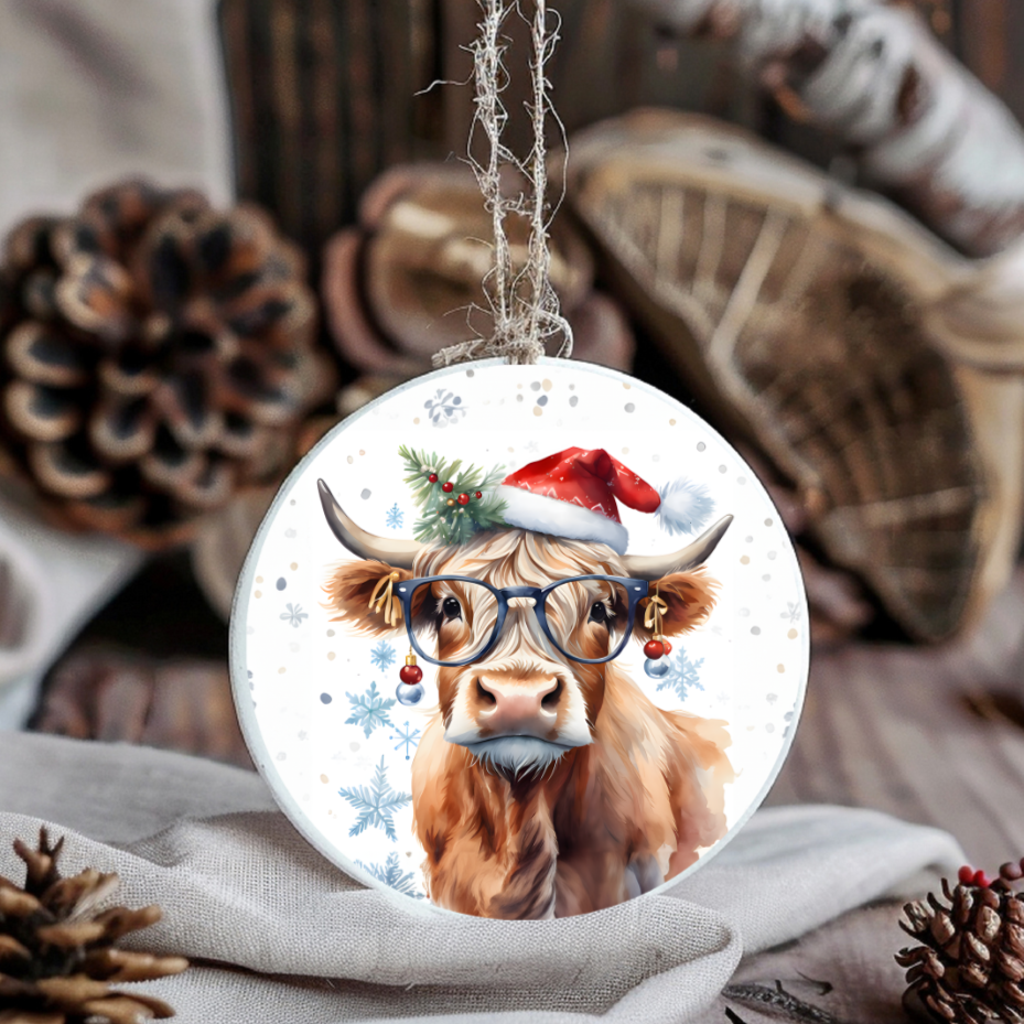 Miss Christmas Cow Ornament With Glasses and a Red Santa Hat, Darling Christmas Tree bulbs for earrings, fun conversation piece