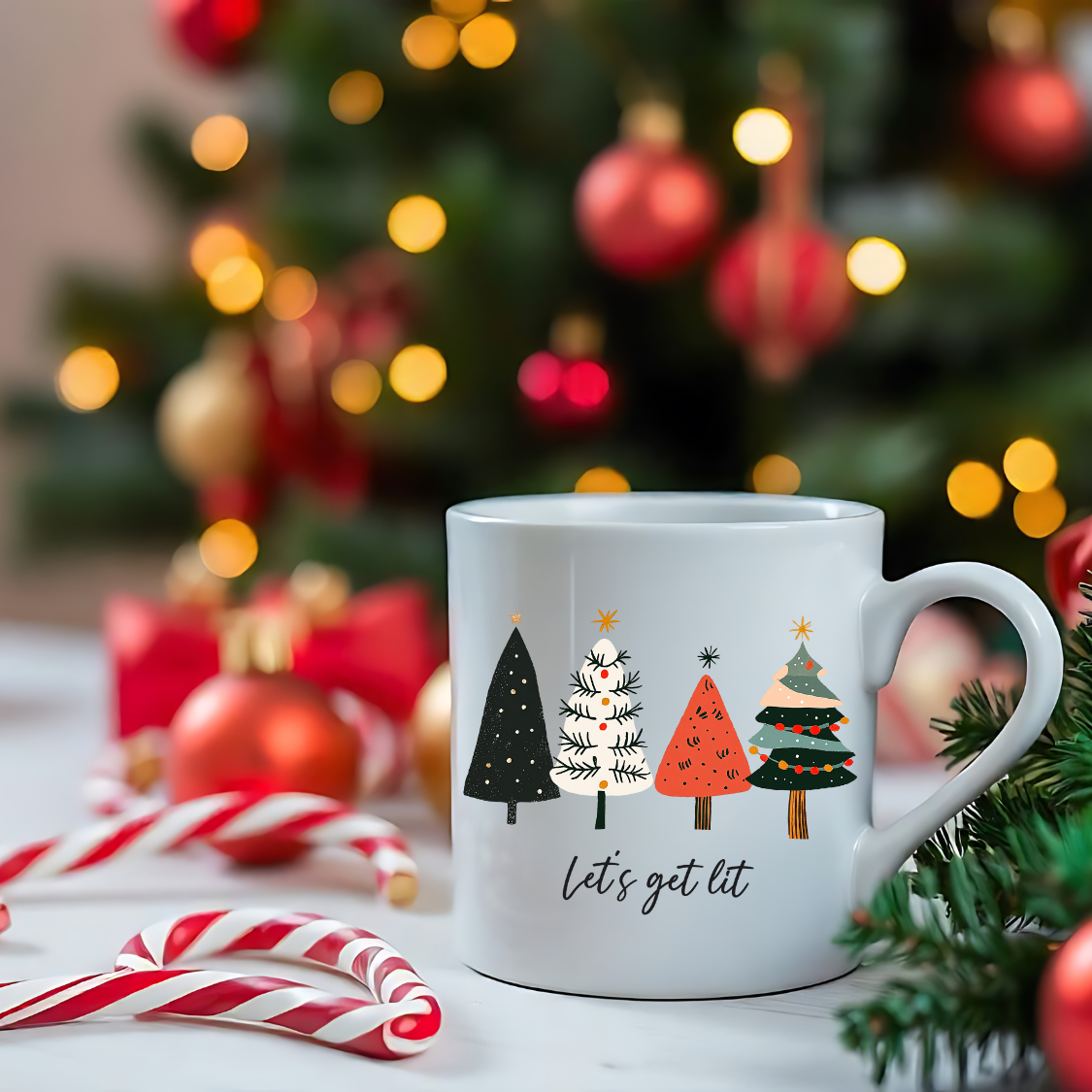 "Let's Get Lit" Christmas Mug β Festive and Fun Christmas Mug, Simple Christmas tree design, no frills, "Let's get Lit" perfect gift for family friends co-workers neighbors, add to your christmas decor