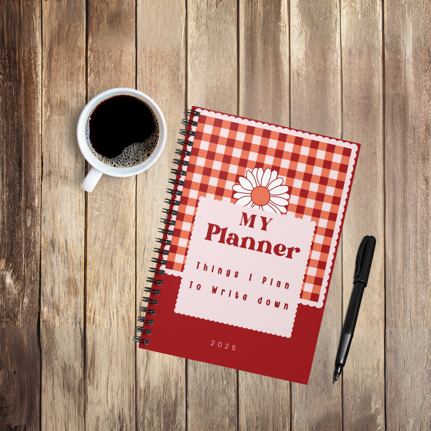 My Planner Spiral Notebook – Cute Red Gingham Daisy Cover, Lined Journal, Gift for Mom, Fun Writing Notebook, Organizer, Personalized