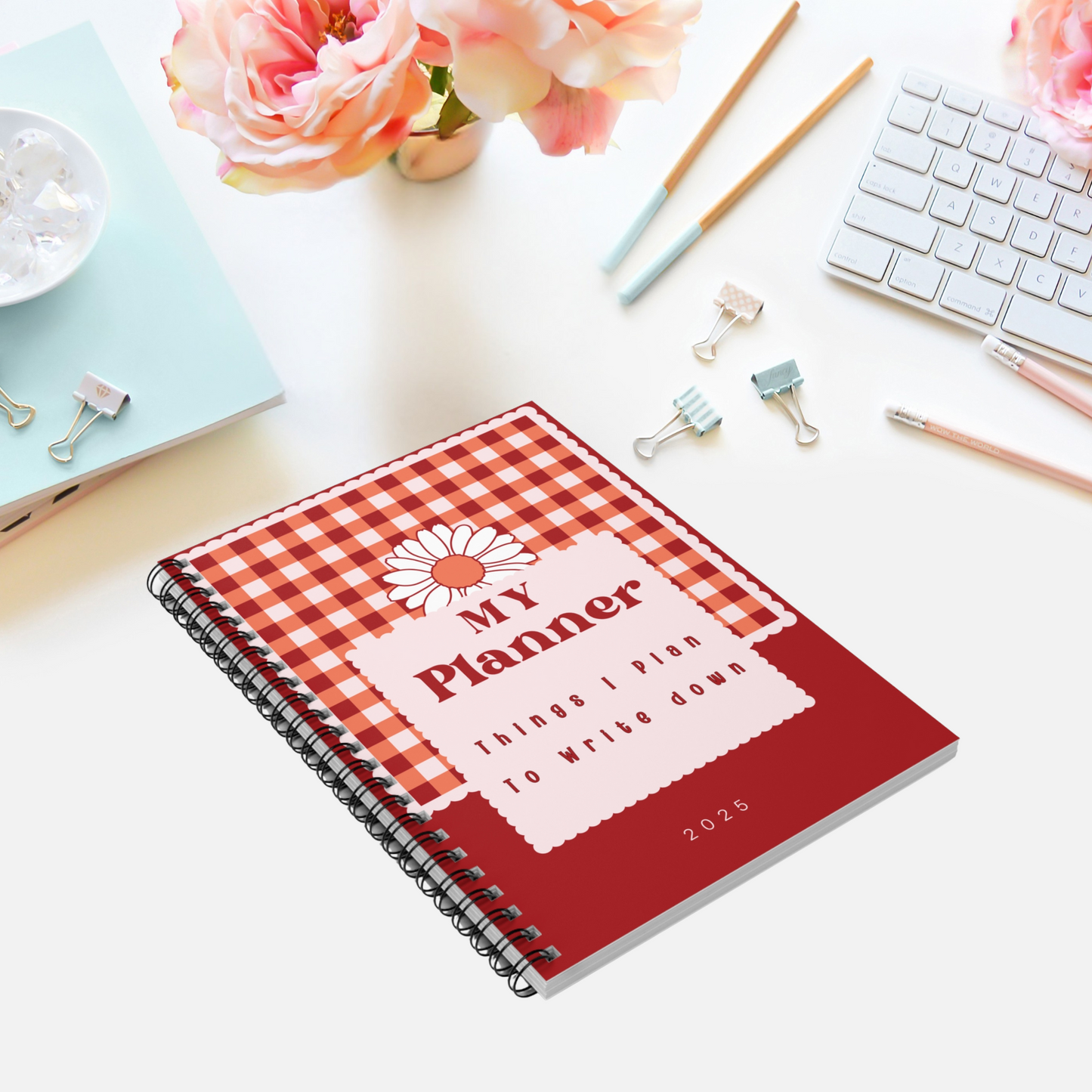 My Planner Spiral Notebook – Cute Red Gingham Daisy Cover, Lined Journal, Gift for Mom, Fun Writing Notebook, Organizer, Personalized