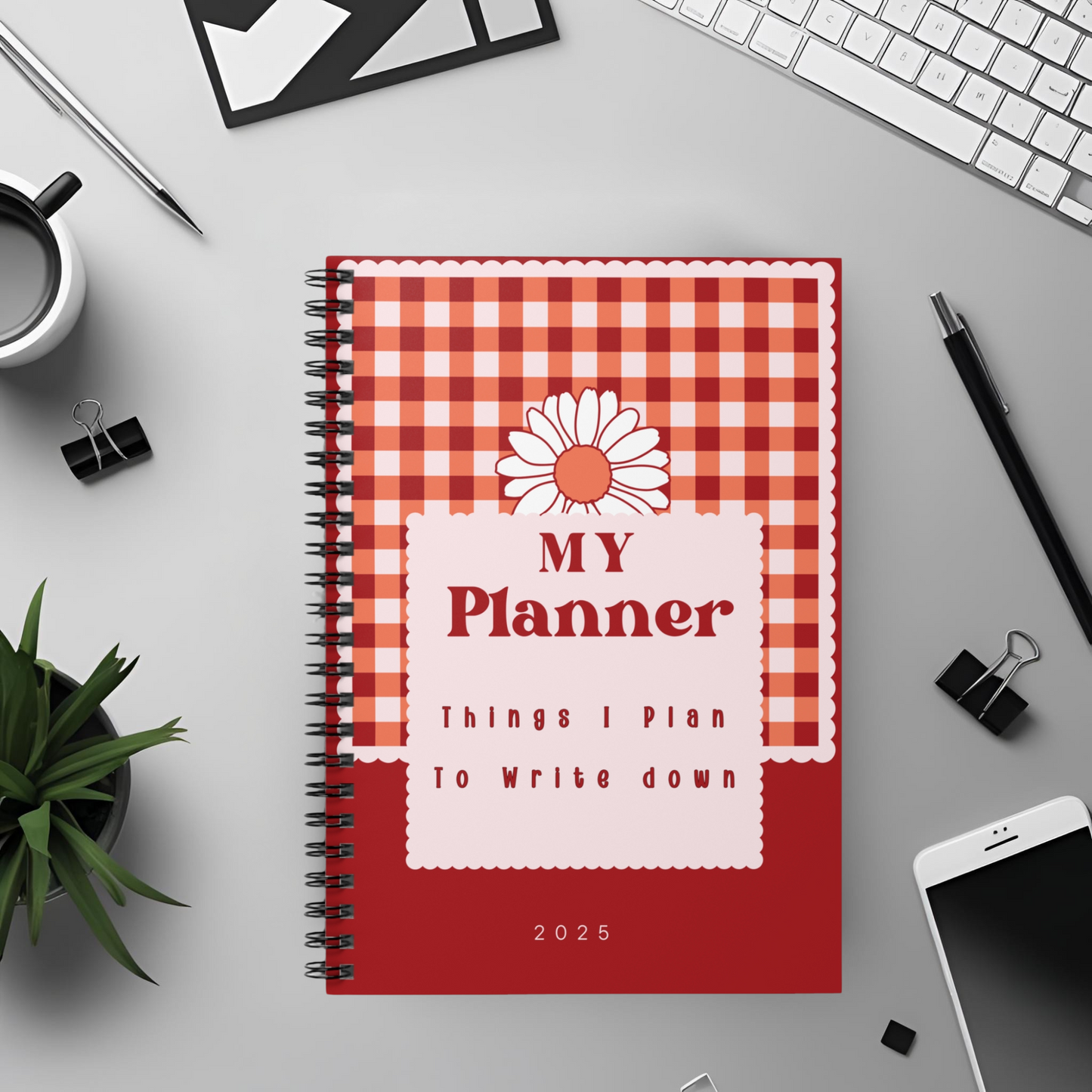 My Planner Spiral Notebook – Cute Red Gingham Daisy Cover, Lined Journal, Gift for Mom, Fun Writing Notebook, Organizer, Personalized