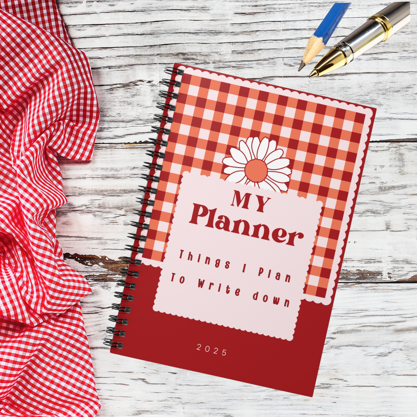 My Planner Spiral Notebook – Cute Red Gingham Daisy Cover, Lined Journal, Gift for Mom, Fun Writing Notebook, Organizer, Personalized