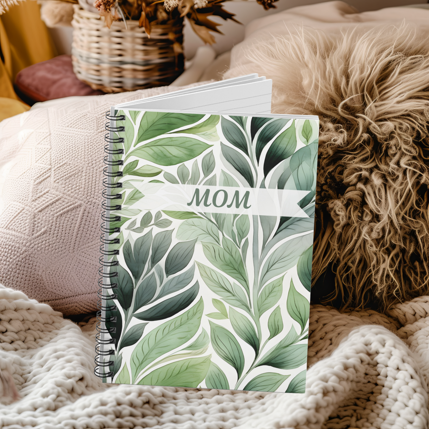 Personalized Botanical Mom Notebook, Spiral Lined Journal, Mother’s Day Gift, Leaf Print Cover, Personalized Gift Idea