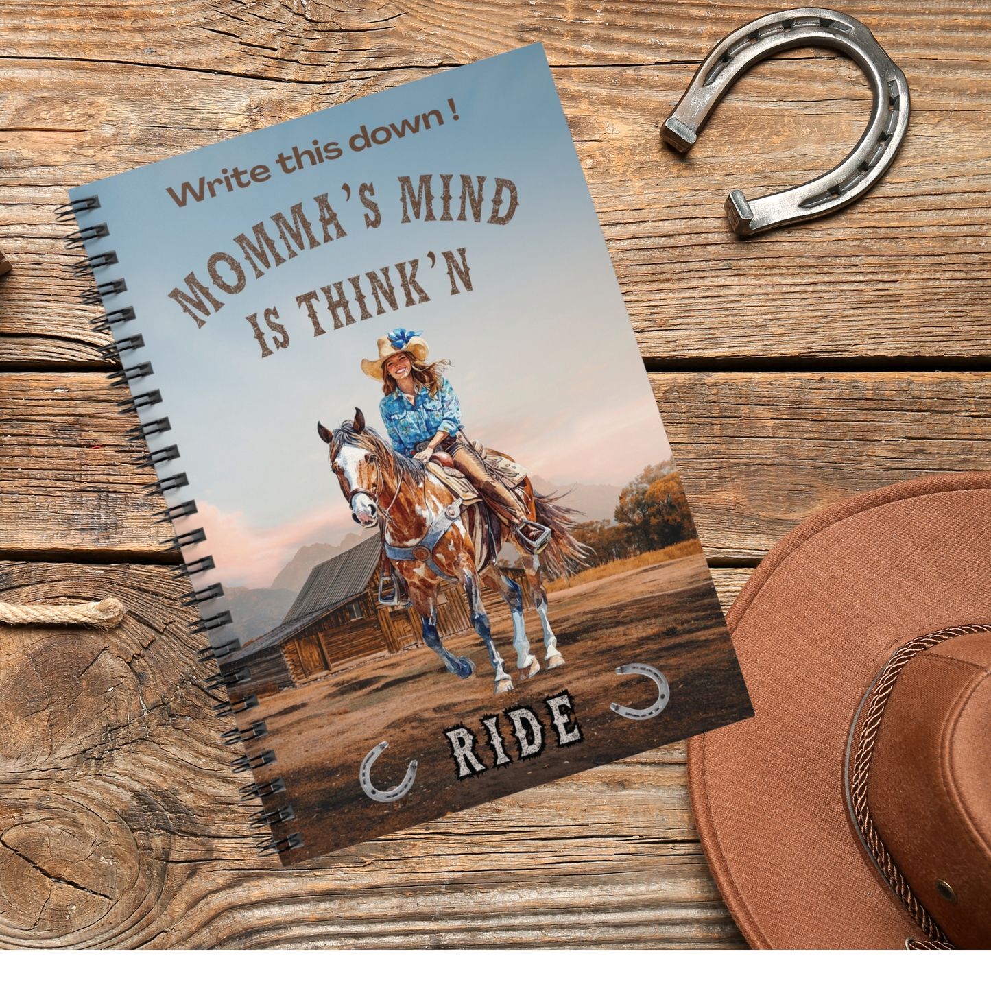 Personalized Western Cowgirl Notebook, Momma's Mind is Thinkn RIDE, spiral lined journal, Rustic horseback design