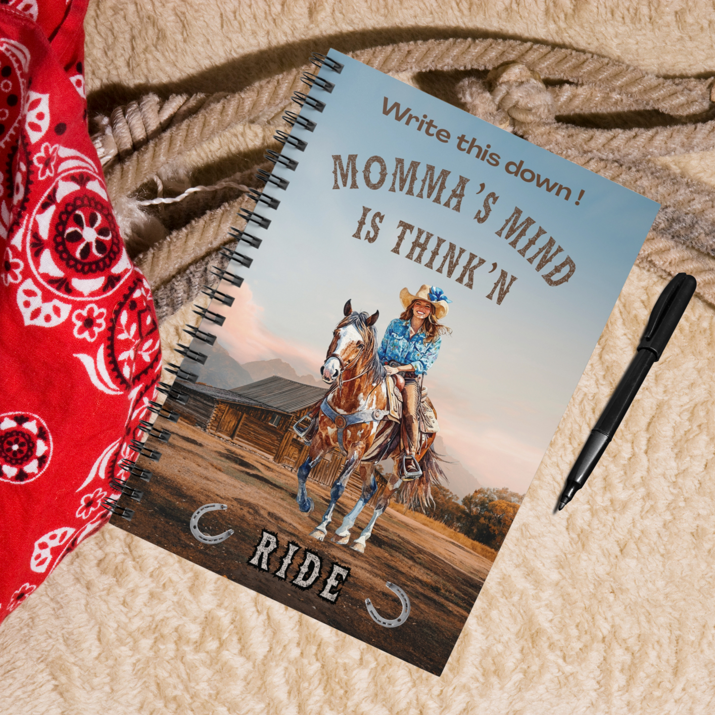 Personalized Western Cowgirl Notebook, Momma's Mind is Thinkn RIDE, spiral lined journal, Rustic horseback design