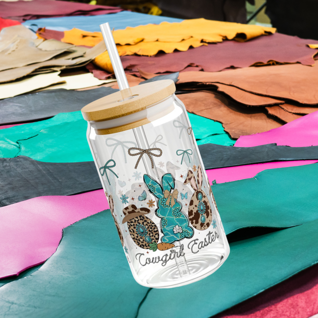 Cowgirl Easter 16 oz Glass Can with Straw – Turquoise Bunny, Rope Bows, Cow Print Eggs & Western Charm