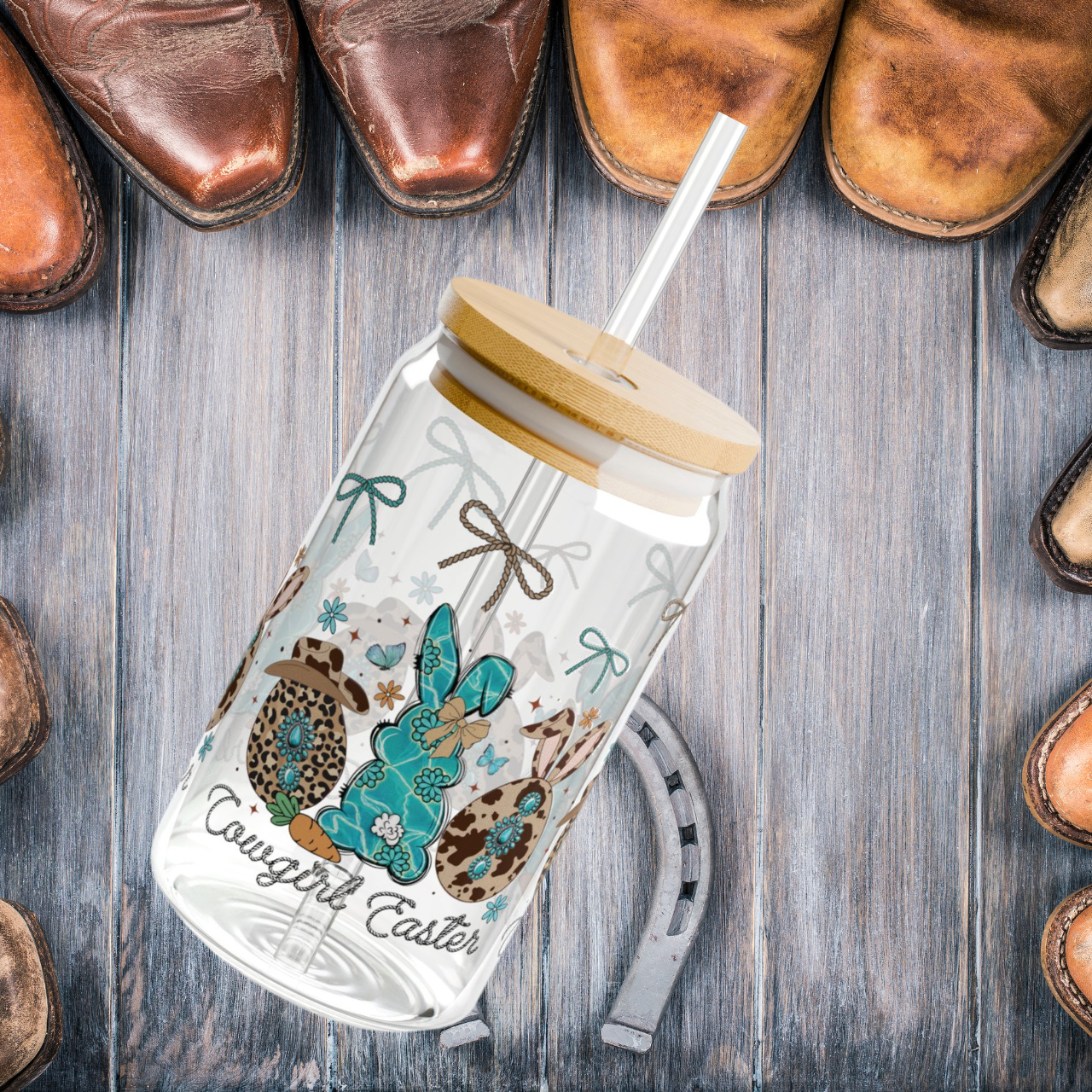 Cowgirl Easter 16 oz Glass Can with Straw – Turquoise Bunny, Rope Bows, Cow Print Eggs & Western Charm