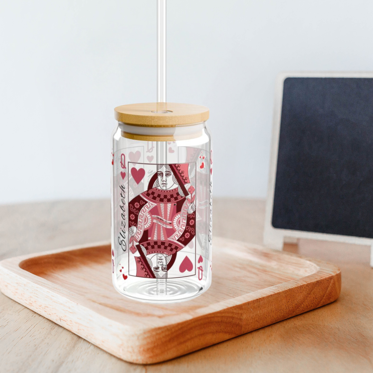 Personalized Queen of Hearts Sipper Glass, 16oz - Custom Playing Card Design, Queen of My Heart - Alternative: Custom Glass Tumbler, Unique