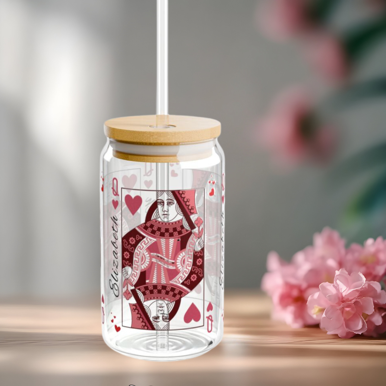 Personalized Queen of Hearts Sipper Glass, 16oz - Custom Playing Card Design, Queen of My Heart - Alternative: Custom Glass Tumbler, Unique