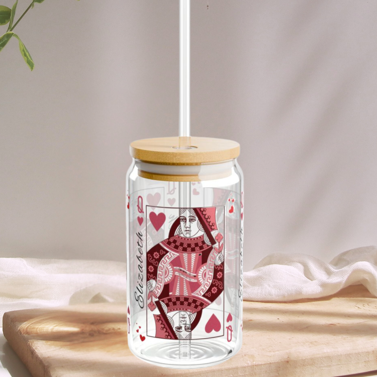 Personalized Queen of Hearts Sipper Glass, 16oz - Custom Playing Card Design, Queen of My Heart - Alternative: Custom Glass Tumbler, Unique