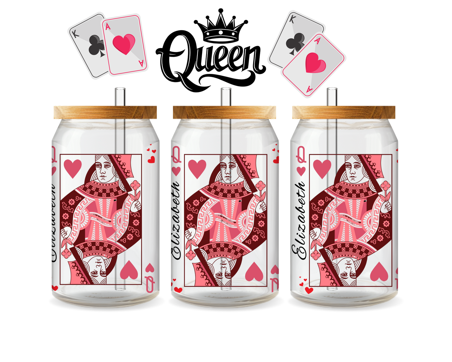 Personalized Queen of Hearts Sipper Glass, 16oz - Custom Playing Card Design, Queen of My Heart - Alternative: Custom Glass Tumbler, Unique