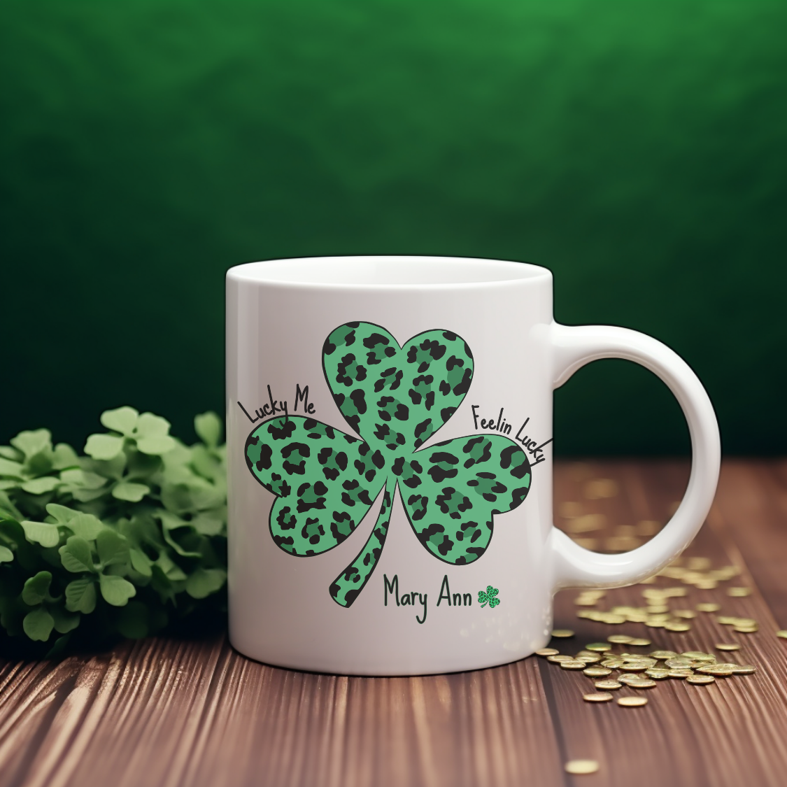 Personalized "Lucky Me & Feelin’ Lucky Shamrock Mug – Personalized Leopard Print St. Patrick’s Day Gift for a special lucky person
