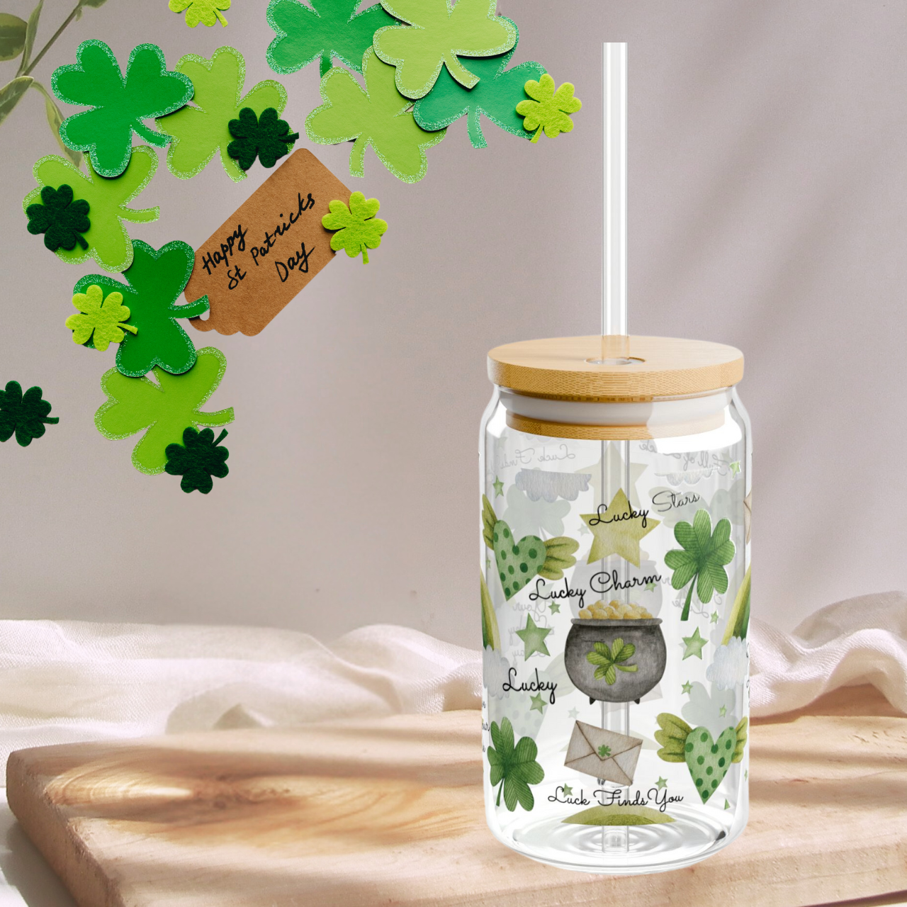St. Patrick's Day Lucky Sipper Glass Your Lucky Day, Watercolor Hearts, stars shamrocks