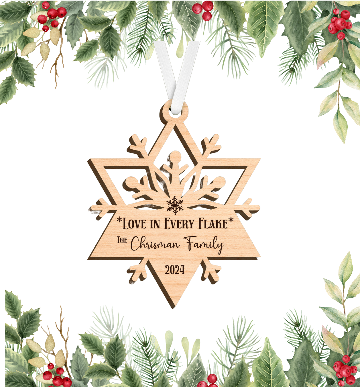 Personalized Wood Ornament, Family Name on Wood Snowflake, Laser cut , Beautiful crafted snowflake, Family name and year, Timeless Holiday Keepsake, "Love in every flake"