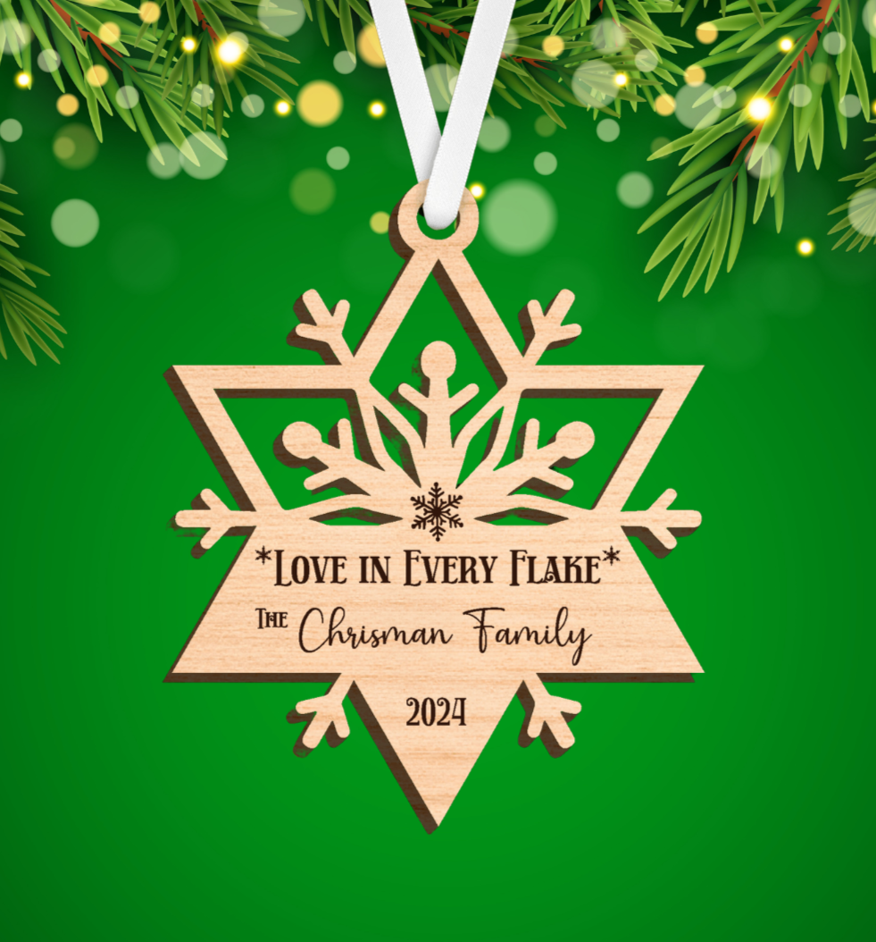 Personalized Wood Ornament, Family Name on Wood Snowflake, Laser cut , Beautiful crafted snowflake, Family name and year, Timeless Holiday Keepsake, "Love in every flake"